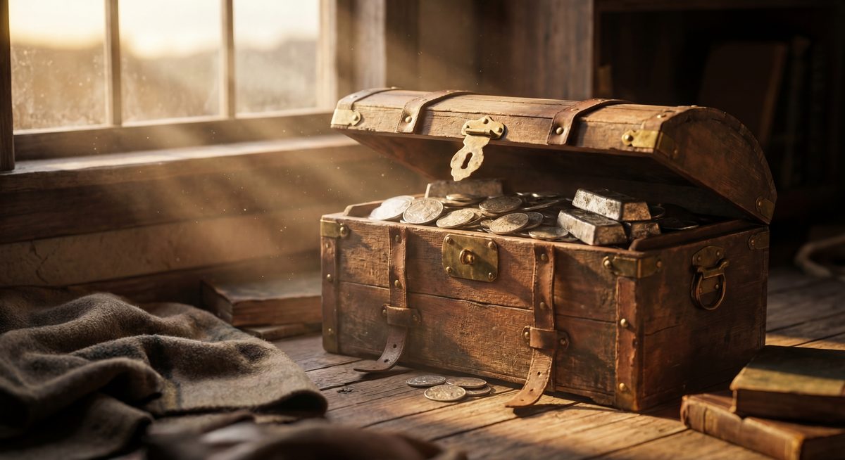 Starinska skrinja s srebrnimi kovanci — očetovo darilo