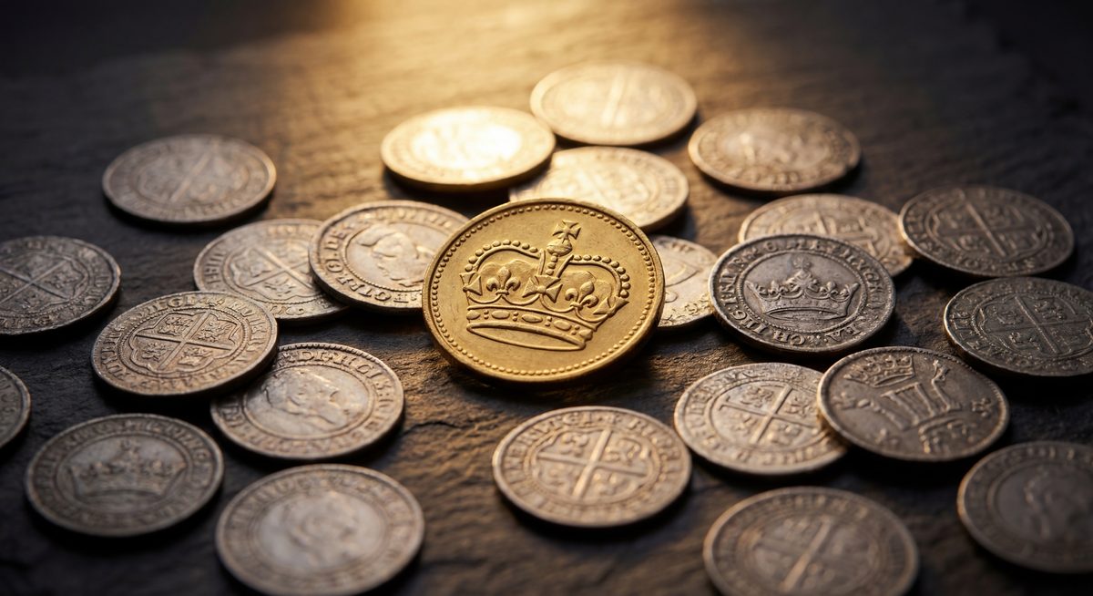 Zlati kovanec obdan s srebrnimi kovanci — razmerje zlato-srebro