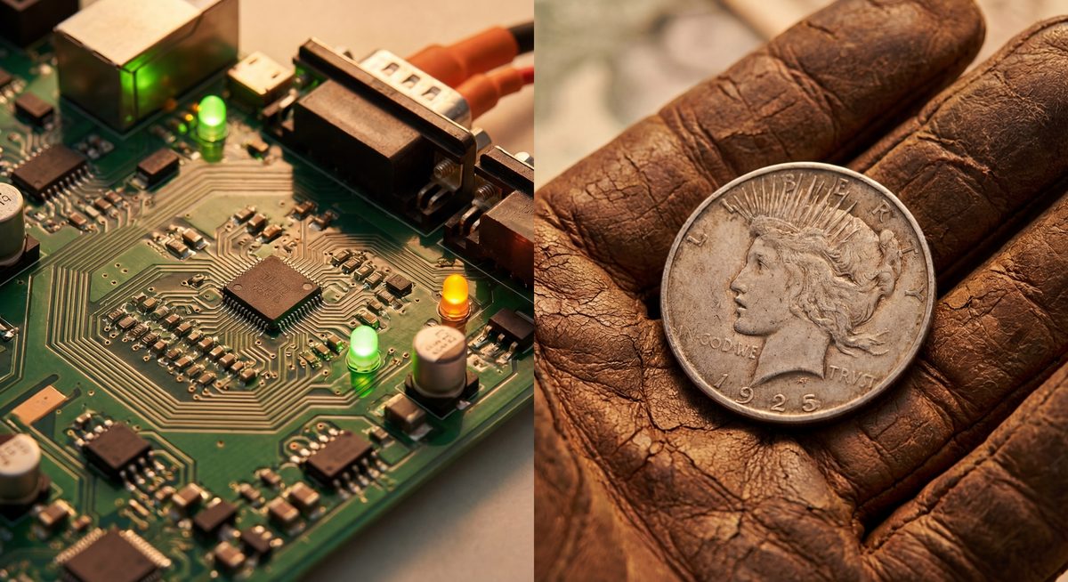 Električna vezja in starinski srebrni kovanec iz leta 1920